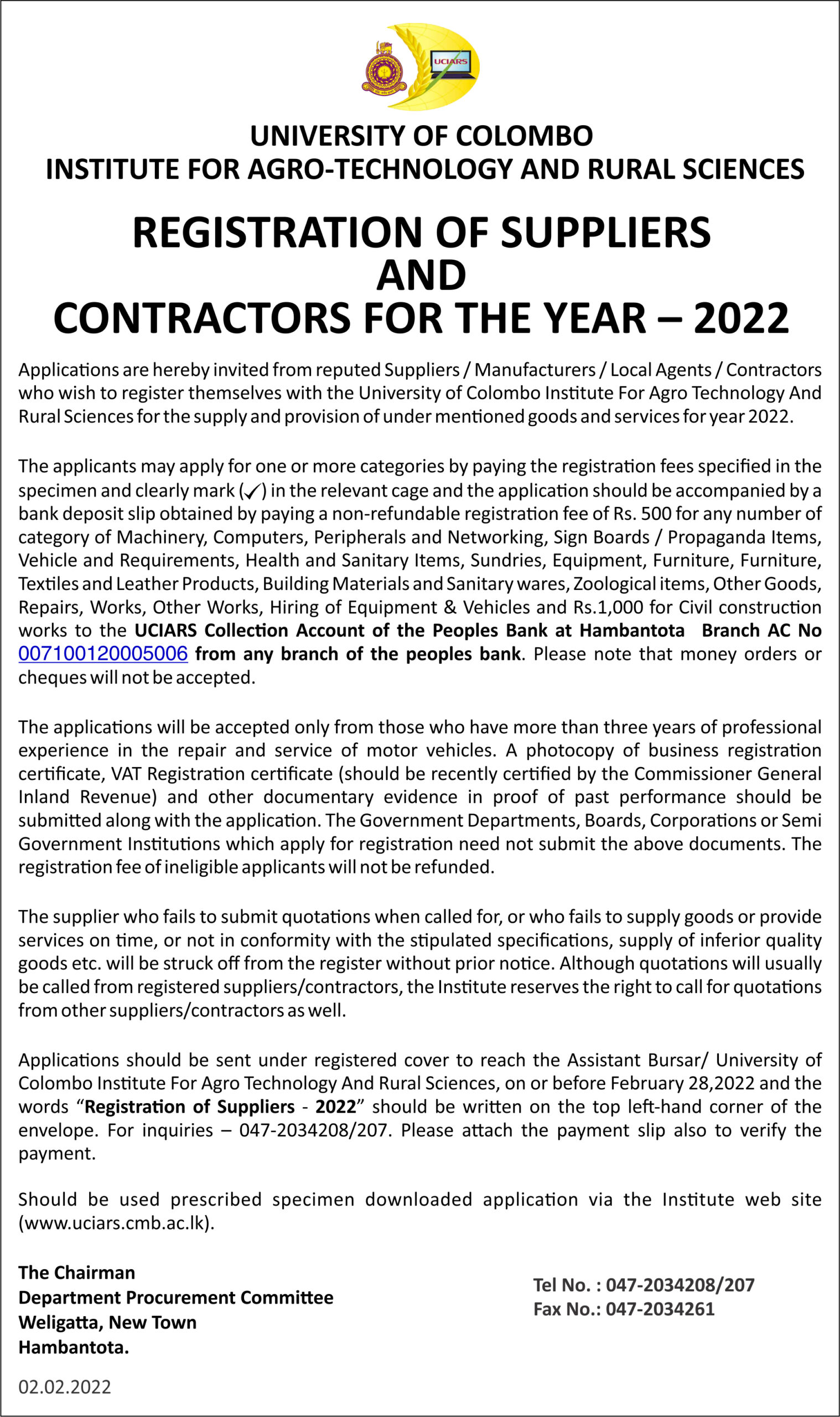 REGISTRATION OF SUPPLIERS AND CONTRACTORS FOR THE YEAR – 2022 වර්ෂය සඳහා සැපයුම්කරුවන් සහ කොන්ත්‍රාත්කරුවන් ලියාපදිංචි කිරීම