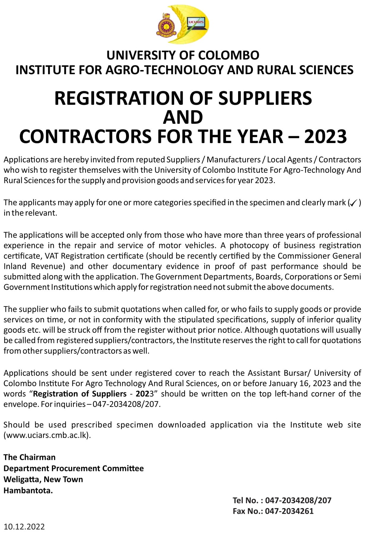 Registration of Suppliers and Contractors for the Year 2023