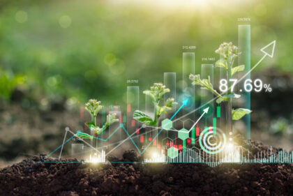 Plant and graph chart growing with shape of arrow, Business investment and  financial, Stock, Business growth, profit, development and success on nature background.