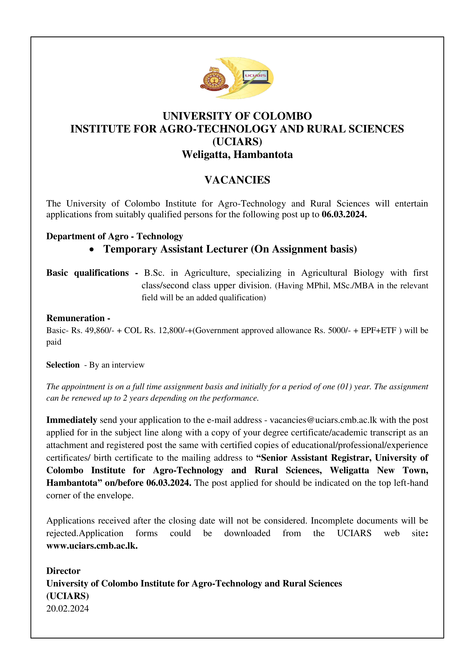 Vacancy – Temporary Assistant Lecturer