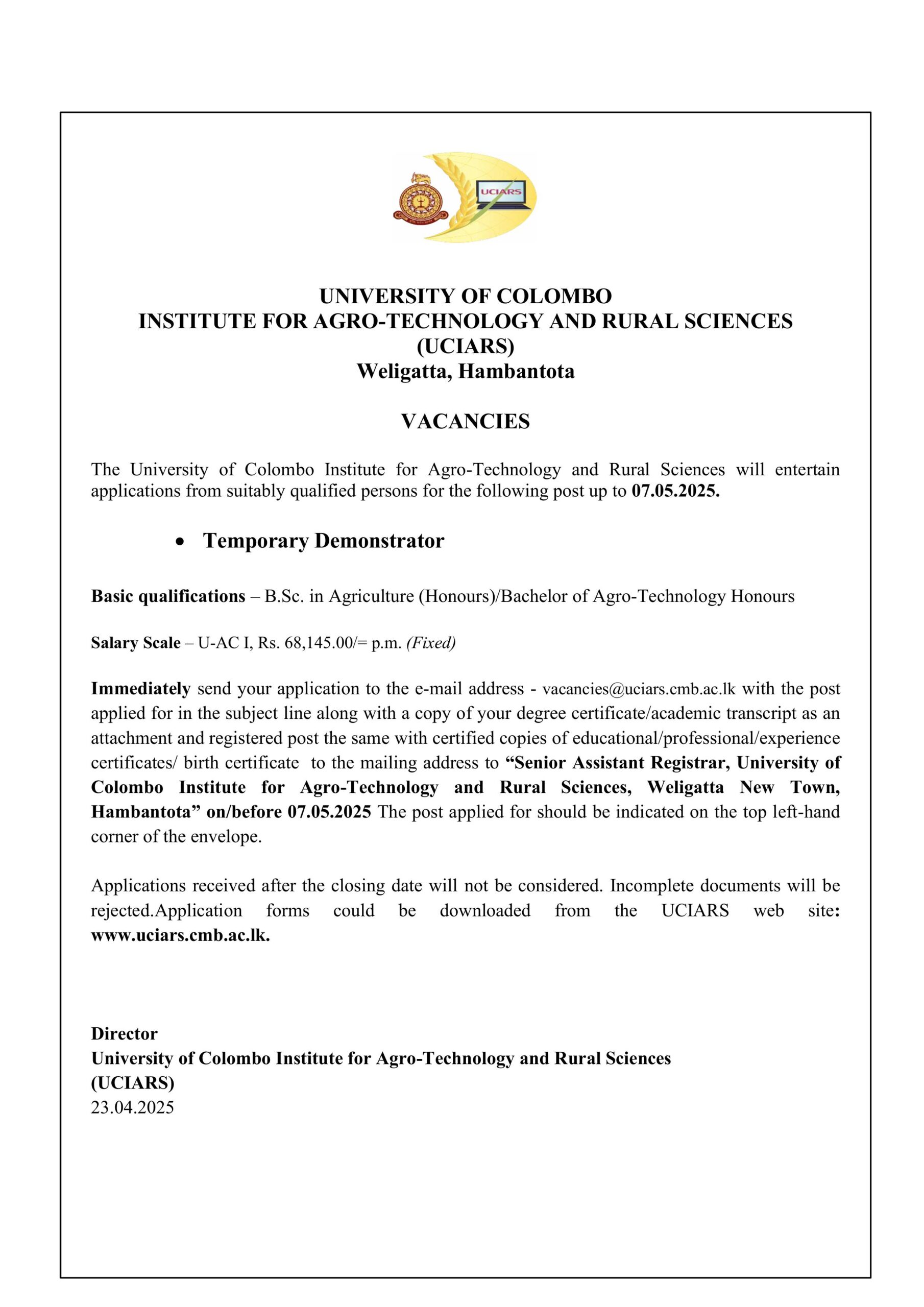 Vacancy Notice – Temporary Demonstrator