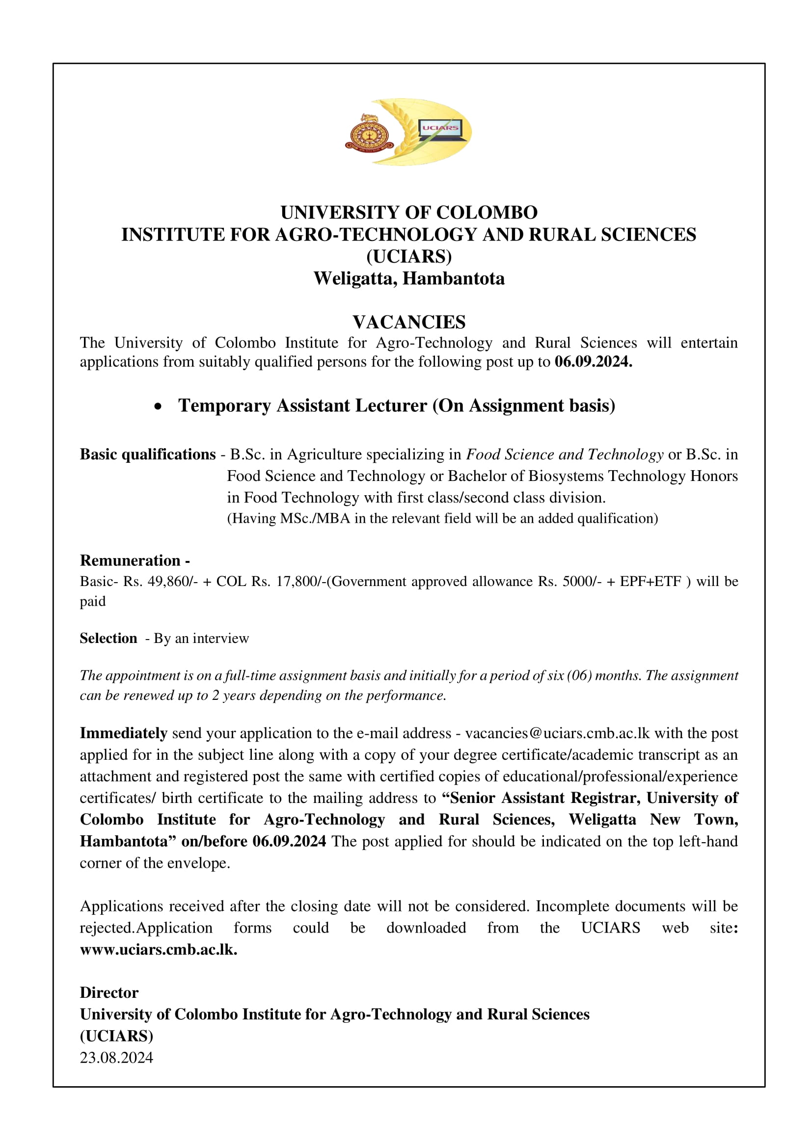 Vacancy Notice – Temporary Assistant Lecturer | University of Colombo ...