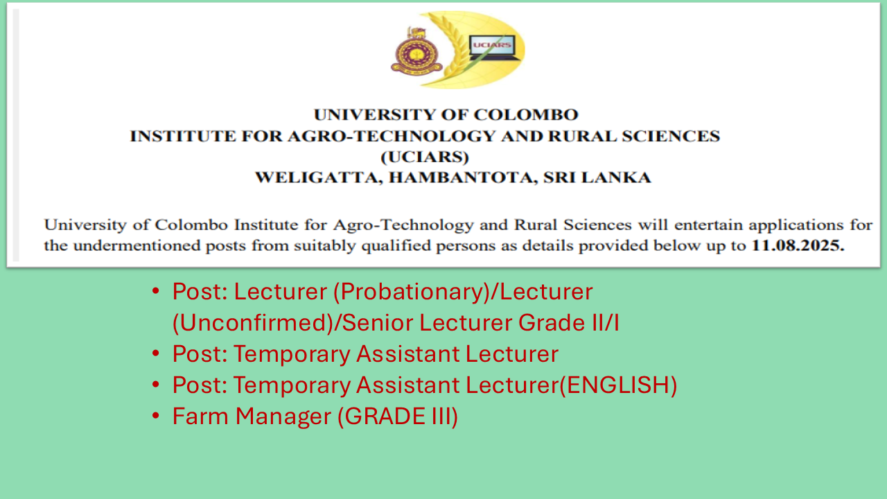 VACANCIES – Lecturer (Probationary)/Lecturer (Unconfirmed)/Senior Lecturer Gr.II/I /Temporary Assistant Lecturer/ Temporary Assistant Lecturer(English)/ Farm Manager Gr/III