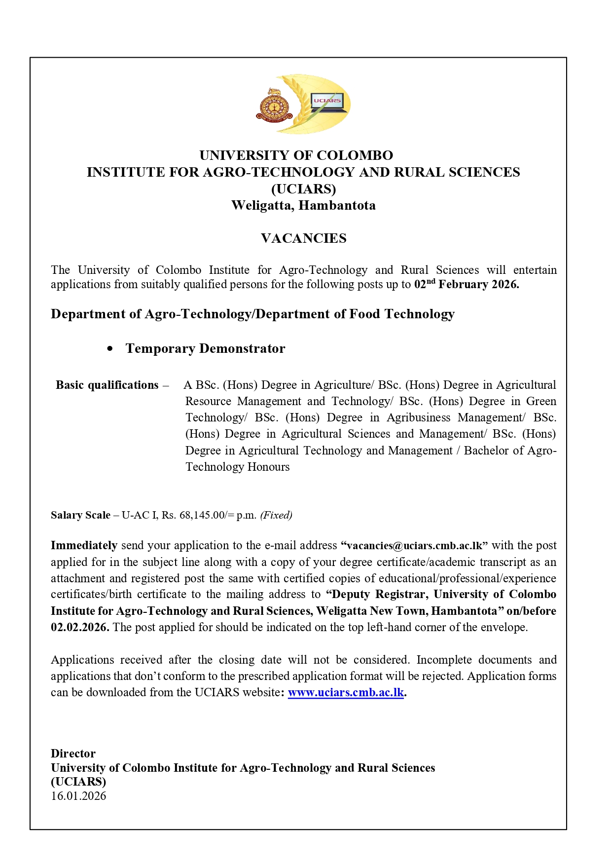 Advertisement of Post of Temporary Demonstrator