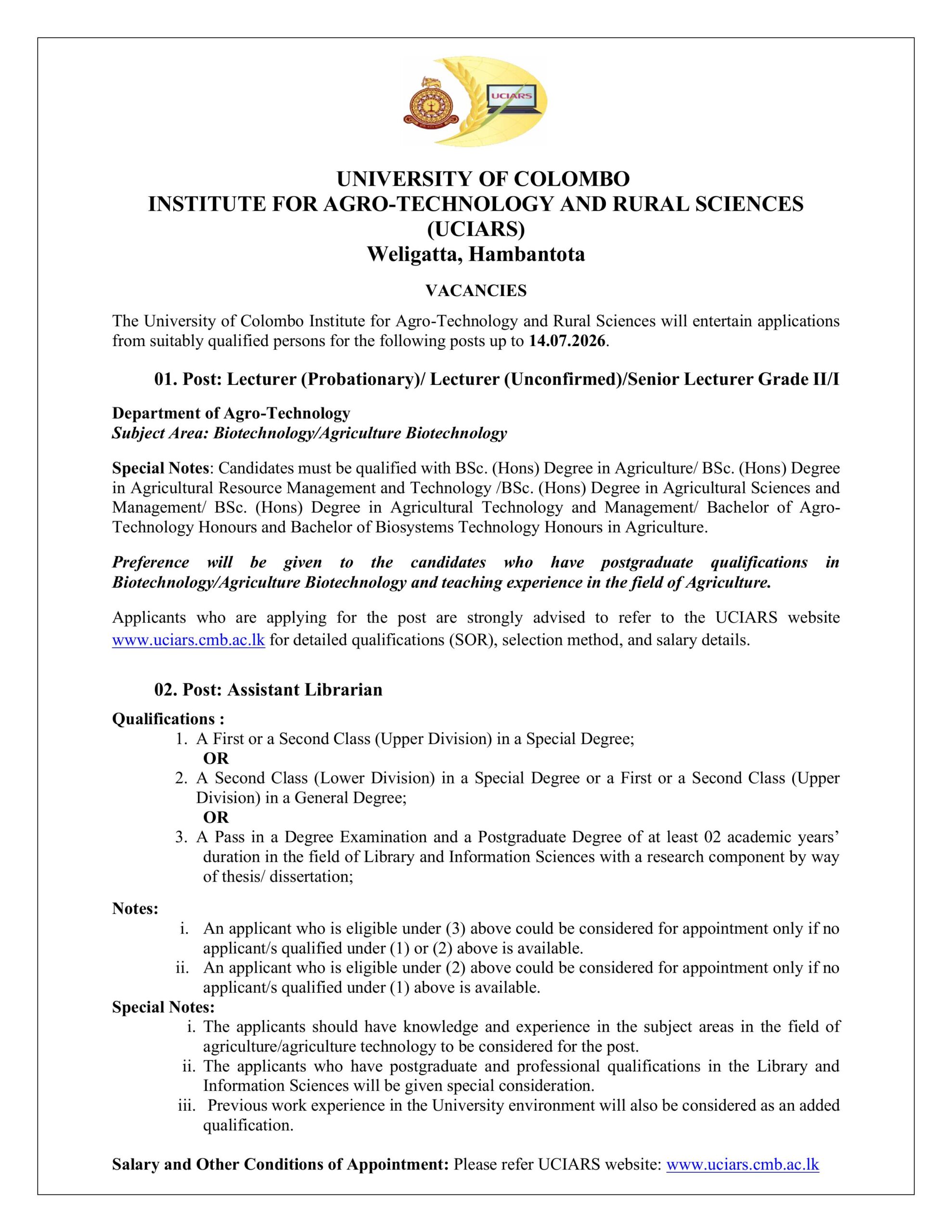 Advertisement – Lecturer (Probationary)/ Lecturer (Unconfirmed)/Senior Lecturer Grade II/I and Assistant Librarian