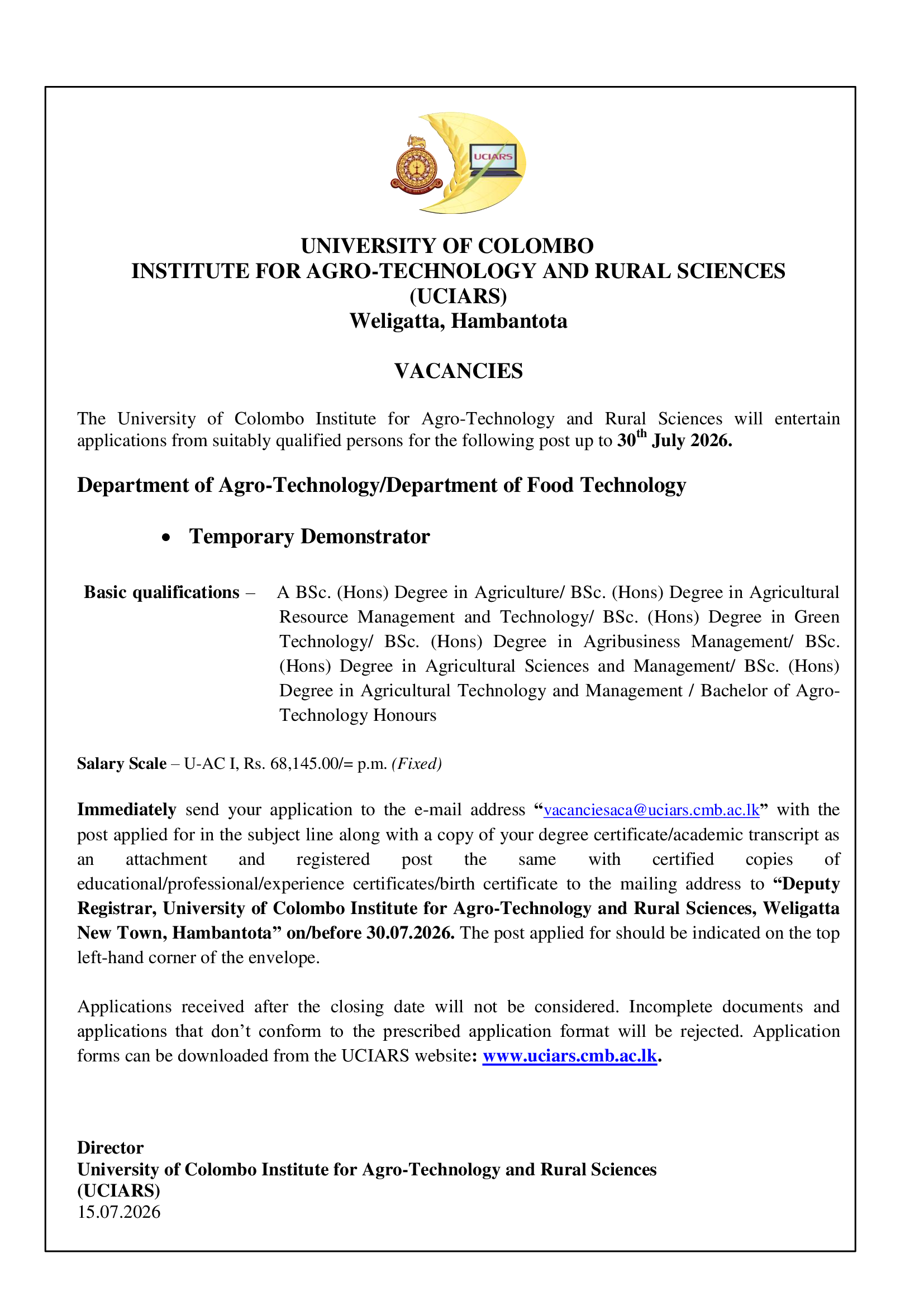 Advertisement – Post of Temporary Demonstrator