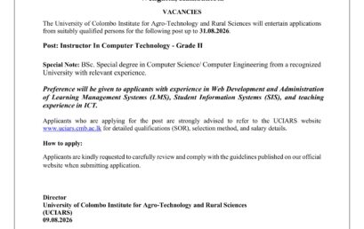 Vacancy – Post of Instructor Computer Technology Grade II