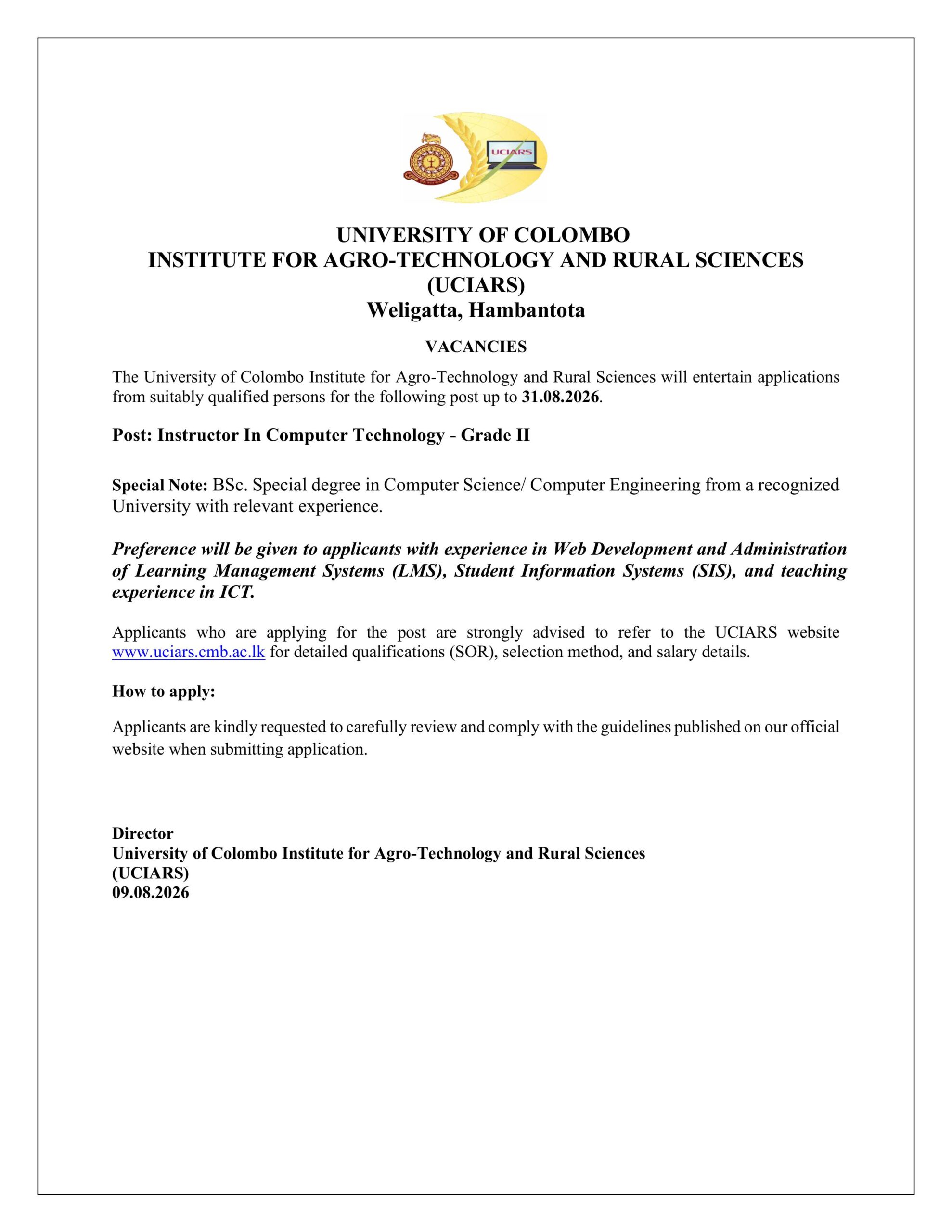 Vacancy – Post of Instructor Computer Technology Grade II