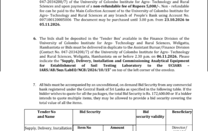 ANALYTICAL EQUIPMENT FOR ESTABLISHMENT OF SOIL TESTING LABORATORY – පස් පරීක්ෂණාගාරයක් ස්ථාපිත කිරීම සඳහා විශ්ලේෂණ උපකරණ ලබා ගැනීම.