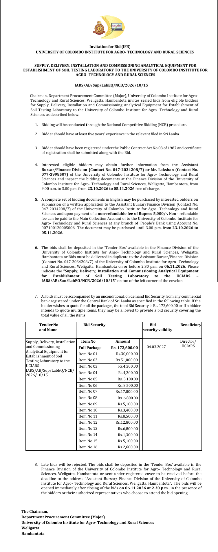 ANALYTICAL EQUIPMENT FOR ESTABLISHMENT OF SOIL TESTING LABORATORY – පස් පරීක්ෂණාගාරයක් ස්ථාපිත කිරීම සඳහා විශ්ලේෂණ උපකරණ ලබා ගැනීම.